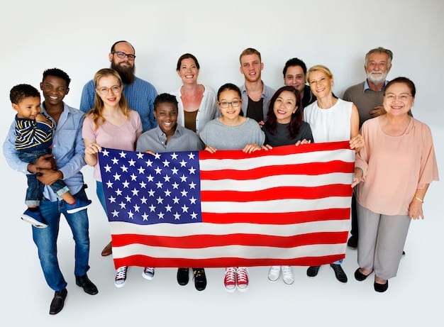 A diverse group of people standing under the American flag, representing immigrants from different backgrounds. Their faces reflect hope and determination. The backdrop includes recognizable US landmarks.