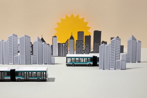 Perspective of a city's skyline with buses and trains symbolizing public transportation modernization, emphasizing the bill's investment in green and efficient public transit options for improved urban mobility.
