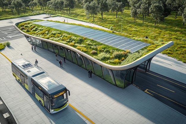 Solar-powered electric public transportation bus charging in an environmentally conscious and sustainable urban center, presenting the future of eco-friendly transport solutions funded by the Infrastructure Bill.