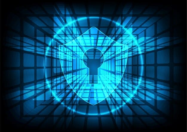 An image of a digital shield with a lock symbol inside, surrounded by silhouettes of people, representing protection from data breaches and privacy violations. The background shows binary code flowing behind the shield.