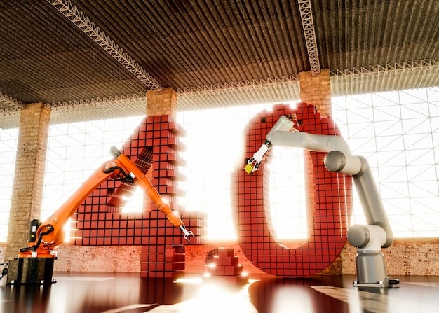 A collage of images depicting the transformation of a manufacturing plant—from traditional machinery to advanced robotics, showcasing both the progress and the job displacement potential.