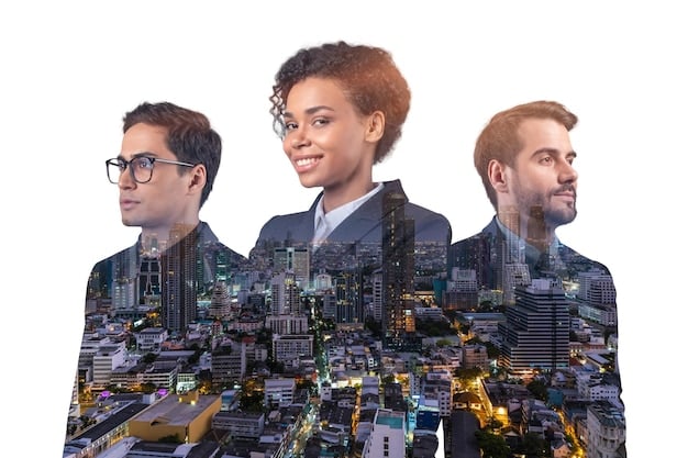 A split image showing a bustling emerging market cityscape on one side and a group of concerned-looking US investors analyzing data on the other side, highlighting the contrast between opportunity and risk.