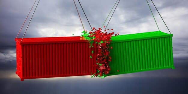 A visual representation of escalating trade tensions, showing a tug-of-war over shipping containers and a graph illustrating the rise of tariffs and trade barriers.