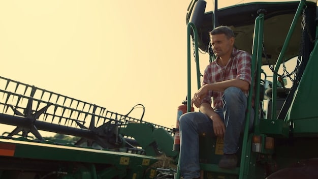 A close-up of a farmer inspecting crops in a field, with tractors and farming machinery in the background. The scene highlights the importance of agriculture in US-EU trade relations.