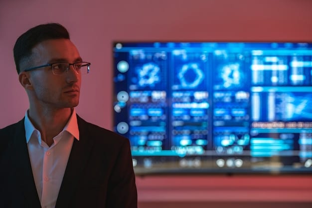 A network security engineer working in a secure operations center, monitoring data streams and analyzing threat patterns on multiple screens. The setting is high-tech with visible security protocols.