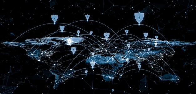 A world map overlaid with digital connections, representing international cybersecurity collaboration and the sharing of threat intelligence between nations.