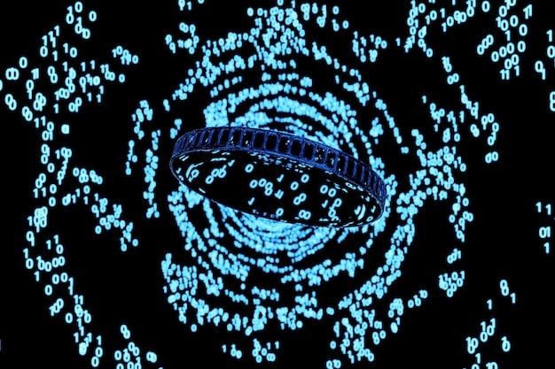 A highly detailed representation of a digital shield composed of intricate data streams and binary code, with the American flag subtly integrated into the design. The overall tone is serious and technologically advanced, emphasizing cybersecurity and national defense.