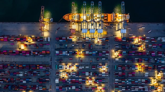 A photograph of a large cargo ship docked at a busy Chinese port, filled with containers, indicating the scale of China's international trade and its vulnerability to trade disruptions.