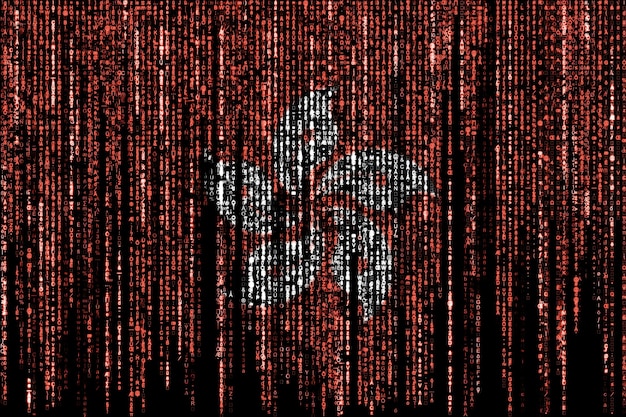 A digital illustration depicting cyber warfare, with binary code and abstract representations of interconnected networks under attack.