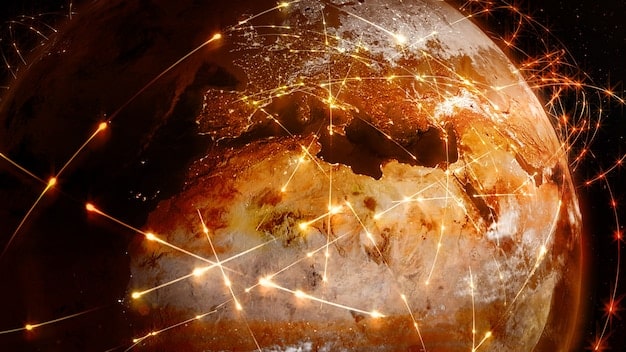 A map illustrating the orbital pathways of various satellites owned by different nations, highlighting the crowded nature of space and the potential for interference or conflict.