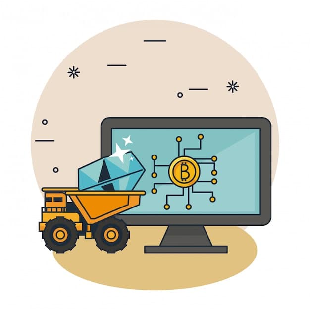 A digital illustration showcasing the process of cryptocurrency mining, with circuits, digital coins, and algorithms interlinked to represent how transactions are mined and validated on a blockchain.