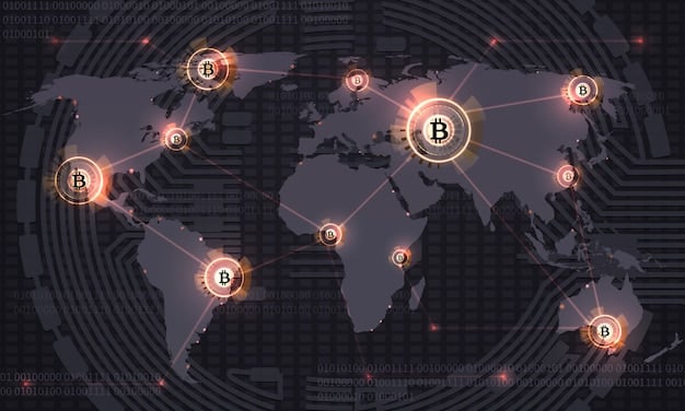 A world map with interconnected nodes and lines representing cryptocurrency transactions flowing between different countries, highlighting the global reach and efficiency of digital currency payments.