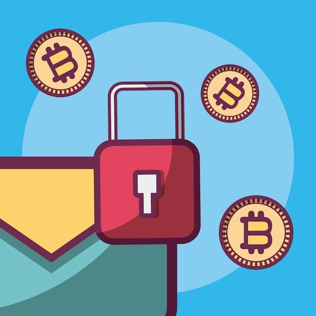 A stylized graphic representing cybersecurity in the context of cryptocurrency, featuring a padlock icon over a blockchain network, with binary code cascading down in the background. The scene is vibrant and conveys a sense of robust digital protection.