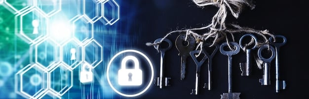 A conceptual image depicting a digital lock and key over a network of computers, symbolizing the cybersecurity challenges associated with CBDCs and the need for robust security measures.