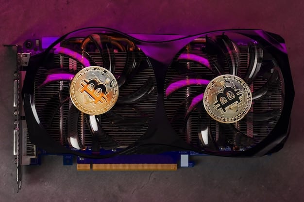 A close-up of a Bitcoin mining rig showing circuit boards and cooling fans. The image highlights the complex hardware required for mining and its energy consumption. Cables and components are illuminated by LEDs.