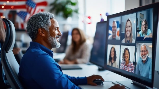A close-up shot of a diverse team of remote workers participating in a video conference call, highlighting the use of different devices (laptop, tablet, smartphone) and emphasizing the global nature of teamwork.
