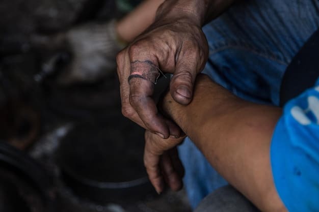A close-up photograph of a migrant worker's hands, weathered and calloused from labor. The hands are holding freshly picked produce, symbolizing their contribution to the food supply. The image evokes empathy and appreciation for their hard work.
