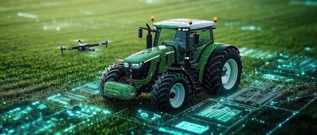 A modern farm with advanced technology. Combines and tractors are working autonomously, with a few workers overseeing the operation using tablets. The machines are equipped with sensors and GPS technology.