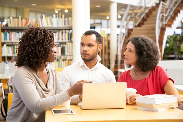 An advisor meeting with an immigrant student in a community college office. The student is looking at a course catalog, and the advisor is pointing out relevant programs. The scene conveys individualized guidance and support for immigrant students.