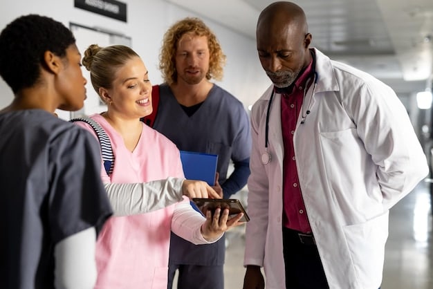 A group of doctors and researchers of diverse ethnic backgrounds working collaboratively in a medical research lab, analyzing data and discussing findings. The scene should highlight their expertise and teamwork.