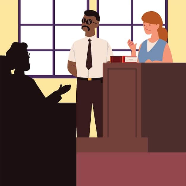 A courtroom scene with a judge presiding over an asylum case. The applicant looks worried, and their lawyer is presenting documents. The image highlights the complexity and the stakes involved in the asylum application process.
