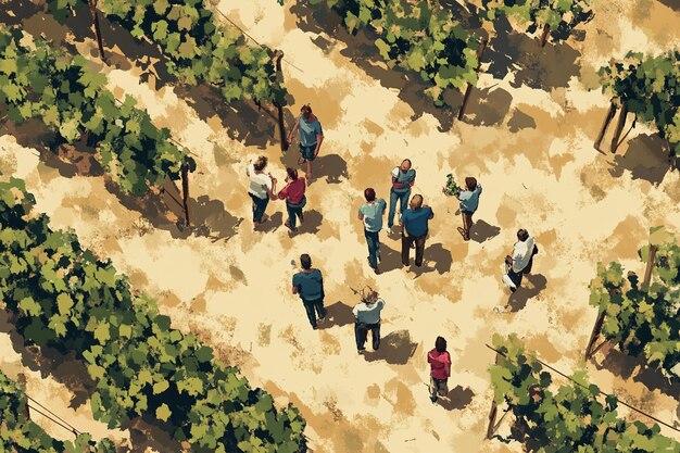 An aerial view of a sprawling vineyard, showcasing rows of grapevines stretching into the distance. A small group of workers is scattered throughout the vineyard, tending to the plants.