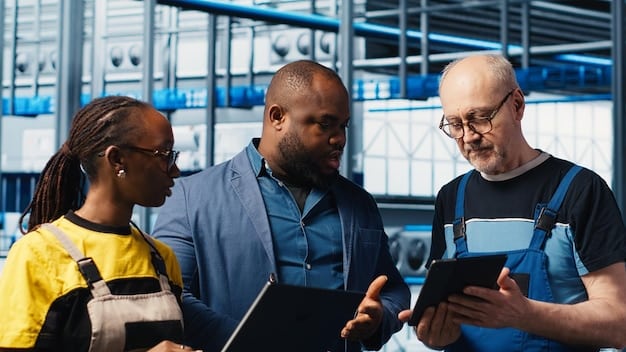 A diverse group of workers, some operating machinery and others using tablets, in a modern automated warehouse. The image emphasizes the blend of human and machine labor, showcasing how automation impacts different job roles.