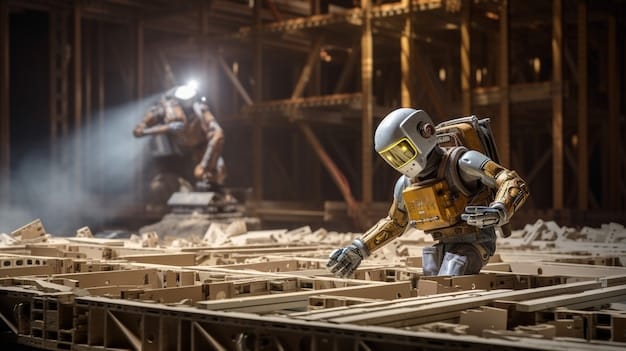 A futuristic construction site with robots performing tasks such as bricklaying and welding, showcasing the integration of automation technology in the construction industry. The image emphasizes the reduction in human labor and the increasing reliance on machines.