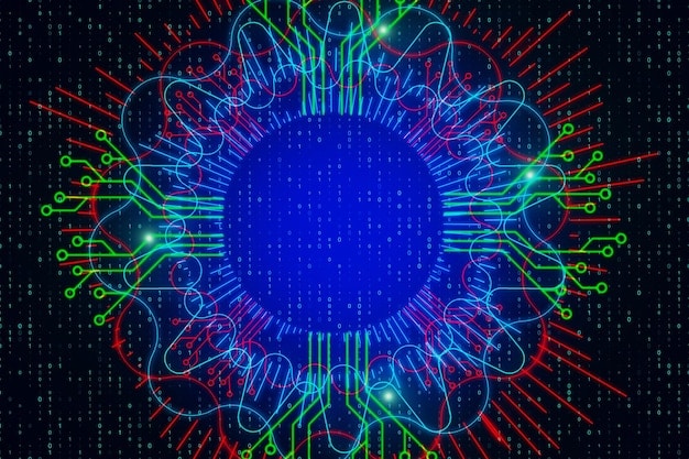 A digital representation of Shor's algorithm visualized as a complex quantum circuit, with entangled qubits processing data. The background depicts a fractured lock, symbolizing the algorithm's ability to break traditional encryption.