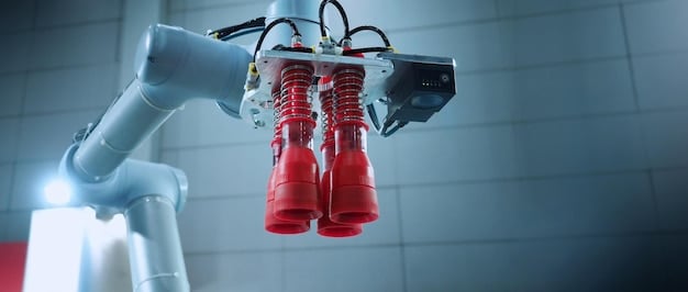 A close-up image of a robotic arm performing a precise assembly task on a manufacturing line. The robot is surrounded by sensors and cameras, providing data for AI algorithms to optimize its movements and ensure accuracy.
