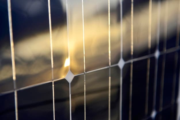 A close-up shot of a bifacial solar panel in a field, showing the light reflecting off both the front and back surfaces. The panel is clean and modern looking, set against a backdrop of green grass and blue sky.