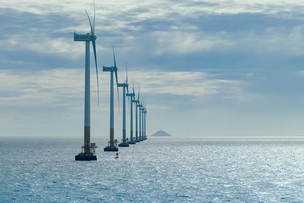 A long shot of a floating offshore wind farm, with several wind turbines standing tall in the ocean. The turbines are white and sleek, with the horizon and a few ships visible in the background.
