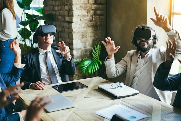 A group of diverse professionals in a modern office setting, wearing VR headsets and interacting with a virtual dashboard displaying metaverse data analytics and company strategy.