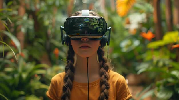 A close-up shot of a US middle school student wearing a VR headset, their face lit up with excitement and engagement as they explore a virtual rainforest.