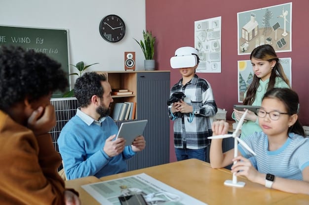 A US high school teacher guiding students through a VR simulation of a physics experiment, showing real-time data and allowing them to manipulate variables within the virtual environment.