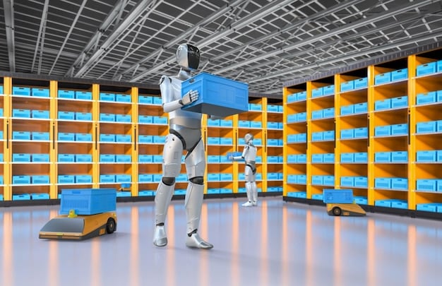 A modern warehouse scene where autonomous robots are efficiently navigating aisles, picking and placing items on shelves, and collaborating seamlessly with human workers.