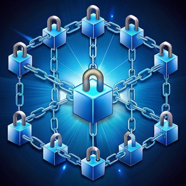 An illustration of a digital identity being secured by a blockchain network. The image shows a person's profile information encapsulated in a blockchain node, with cryptographic keys and security protocols visually represented around it.
