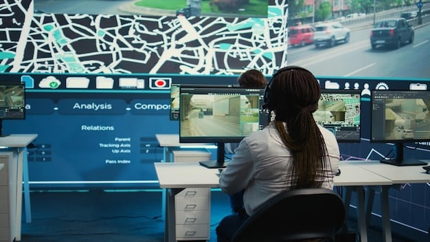 A close-up shot of a digital traffic monitoring screen in a city's control center. The screen displays real-time traffic data with color-coded routes indicating traffic density, and icons representing connected vehicles and public transportation. The scene is brightly lit, showing focused workers in the background.