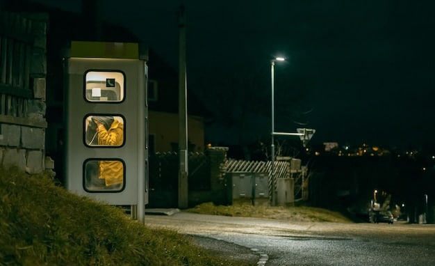 A nighttime shot of a city street corner with strategically placed smart surveillance cameras. The cameras are discreetly mounted and feature a sleek, modern design. In the background, people are walking, and a police car is subtly visible, suggesting enhanced public safety.