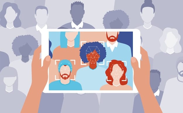 An illustration showing a diverse group of people with their faces being scanned, highlighting concerns about privacy and potential for surveillance. The background is blurred to emphasize the focus on facial scanning.