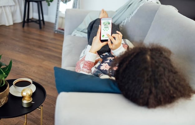 A person using an AR app on their smartphone to visualize furniture in their living room before making a purchase.