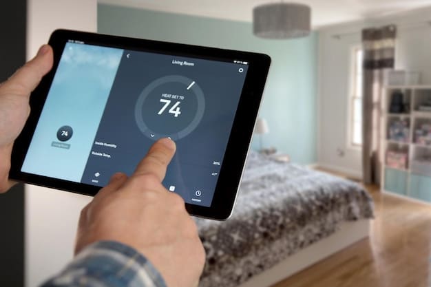 A close-up of a smart thermostat displaying energy usage data, highlighting features like remote control, scheduling, and integration with other smart home devices. The interface is clean and user-friendly, emphasizing energy efficiency.