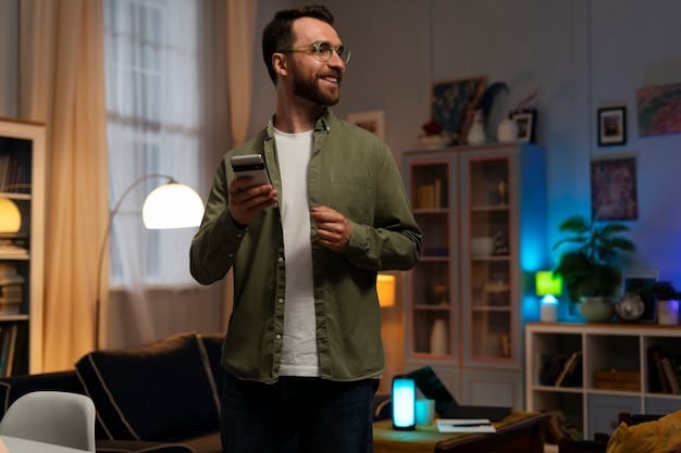 A person using a smartphone app to control smart lighting in their living room, demonstrating features like dimming, color changing, and scheduling. The scene is warm and inviting, highlighting the convenience and customization offered by smart lighting systems.