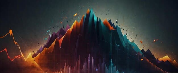 A stylized image of a stock market chart with sharp peaks and valleys labeled 