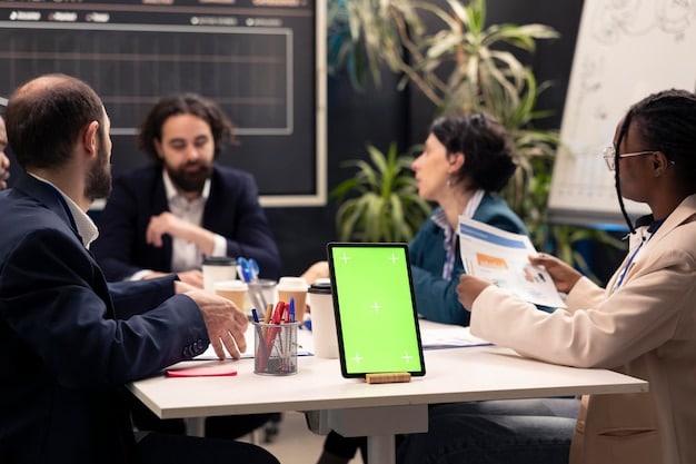Investors collaborating around a table, examining documents and digital screens displaying ESG ratings and reports. The room has a modern, eco-friendly design, featuring plant life and sustainable materials.