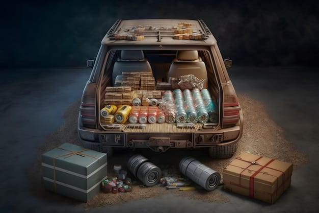 A well-organized trunk of a car, showing essential road trip supplies like a first-aid kit, jumper cables, water bottles, snacks, and a map.