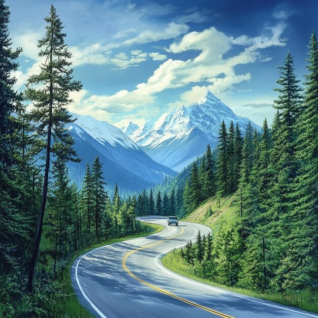 A winding mountain road in Montana, with snow-capped peaks in the background, evergreen trees lining the sides, and a clear blue alpine lake visible in the distance.