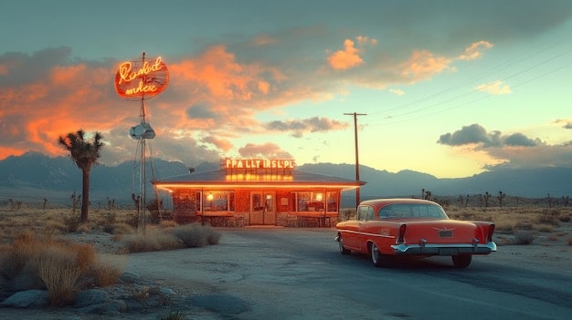 A classic car parked along Route 66 in Arizona, with a vintage gas station in the background, desert landscape, and a clear blue sky with fluffy clouds.