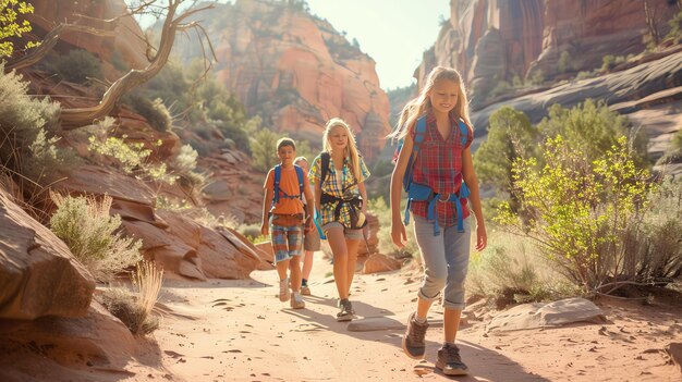 A family hiking on a trail in Zion National Park during the spring, surrounded by lush vegetation and wildflowers, with the towering sandstone cliffs in the background.