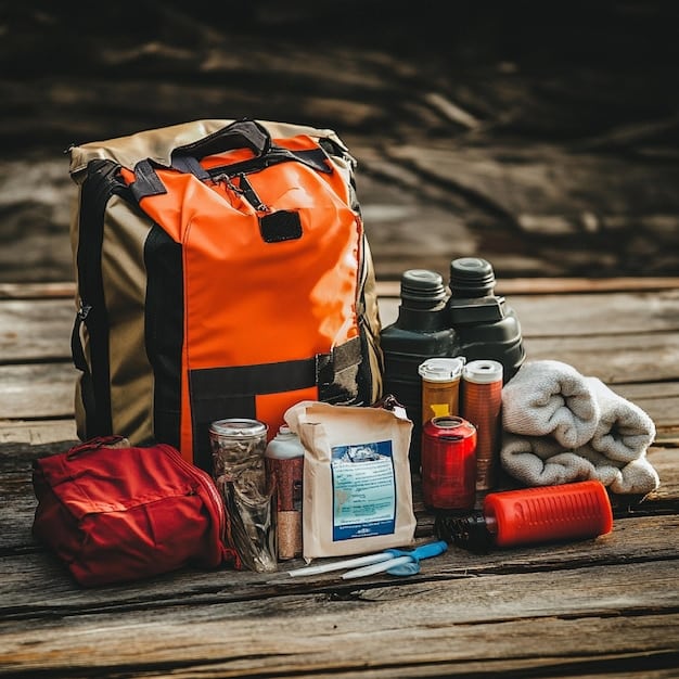 Close-up of a well-organized hiking backpack with essential gear visible, including a water bottle, first-aid kit, map, compass, sunscreen, and snacks.